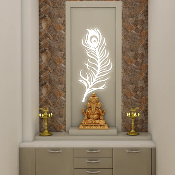 Classic Spacious Pooja Room Design with Feather Pattern Wall